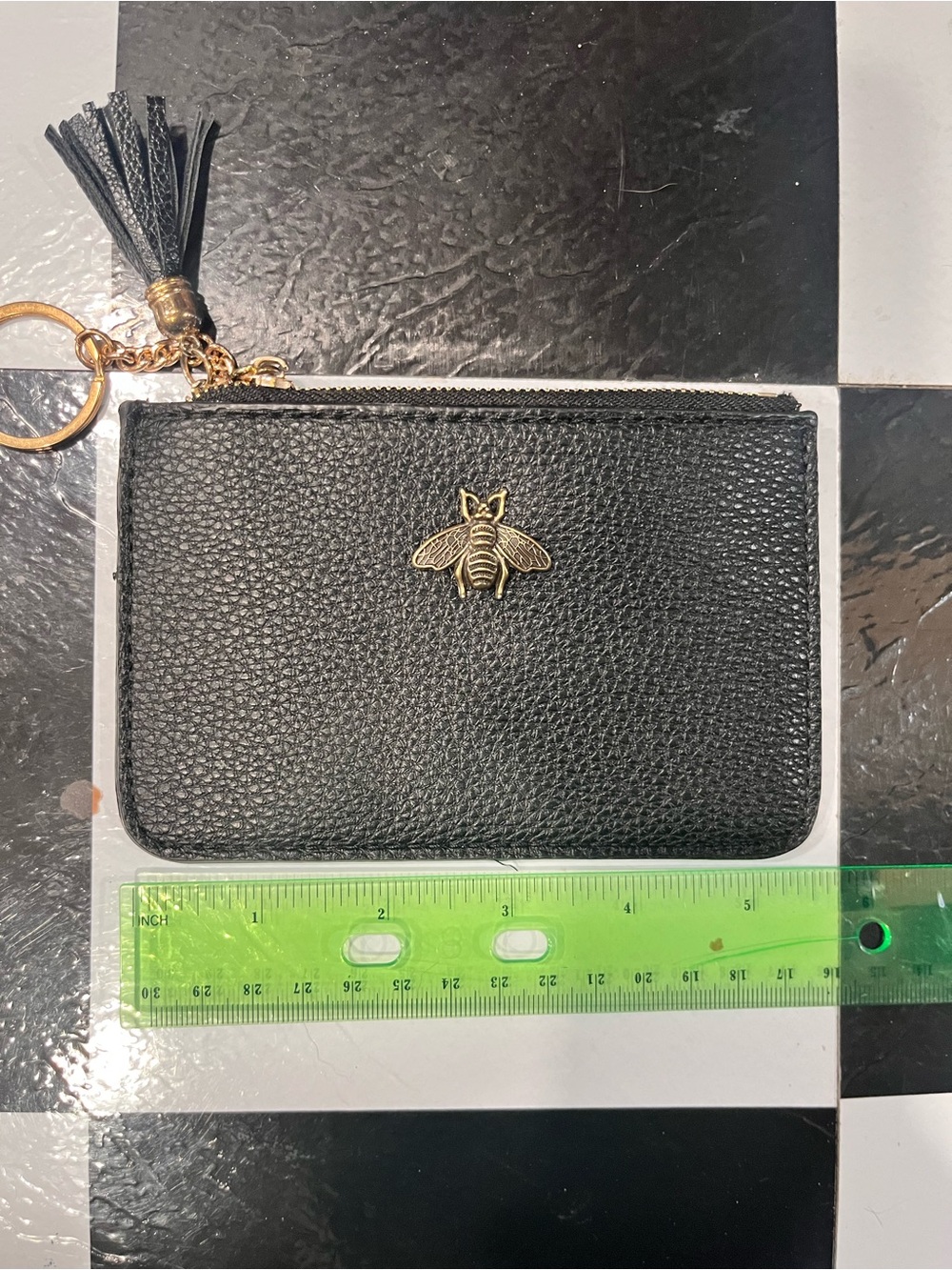 Black Textured Coin Pouch with Gold Bee Accent